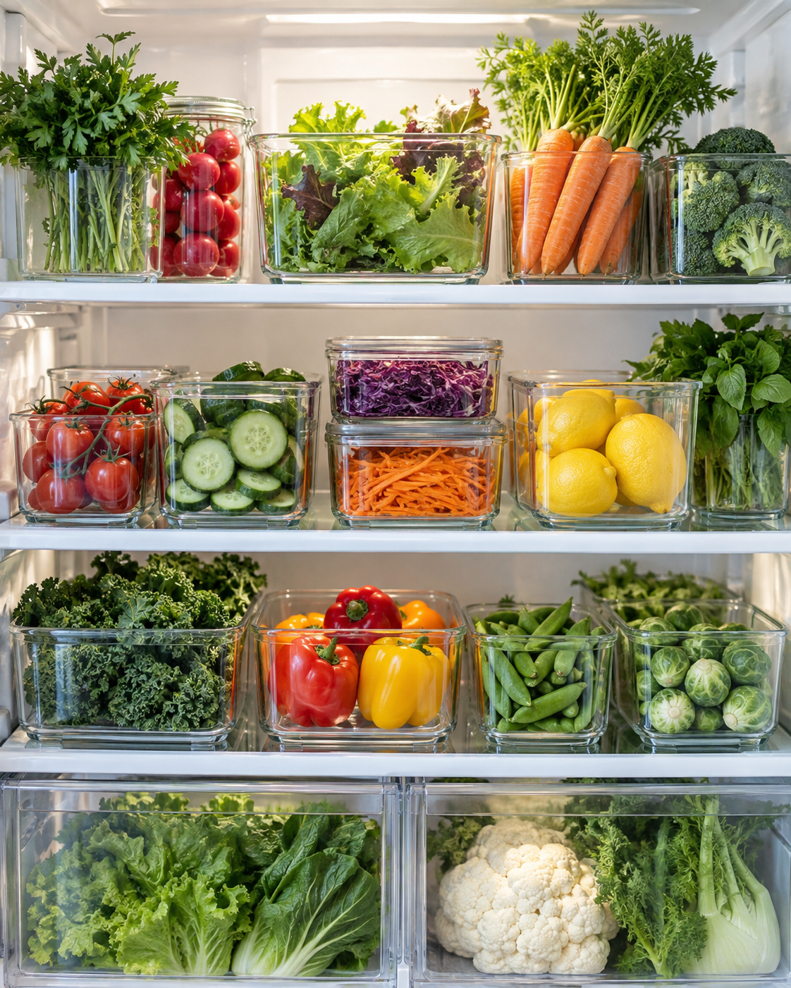 Geladeira organizada com verduras e alimentos em recipientes transparentes